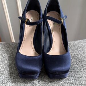 Miu Miu - Navy Satin Platform Mary Jane Heels - EU 37.5